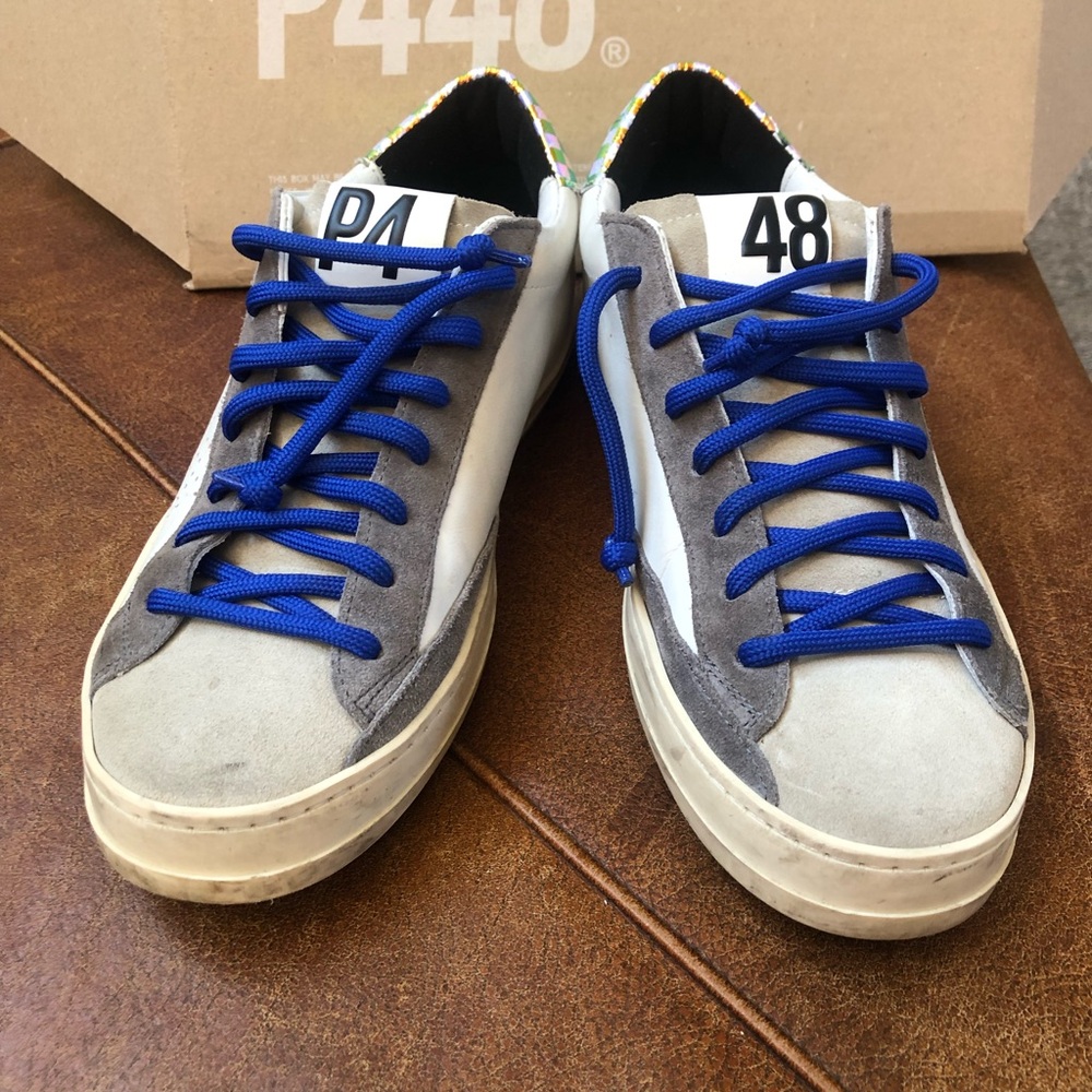 P448  Gray and off white sneakers with Blue laces size 40